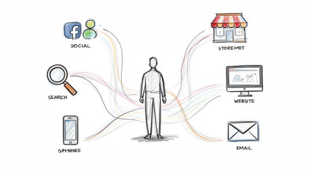 Illustratie van een persoon verbonden met diverse contactpunten zoals social media, zoeken, telefoon, winkel, website en e-mail.