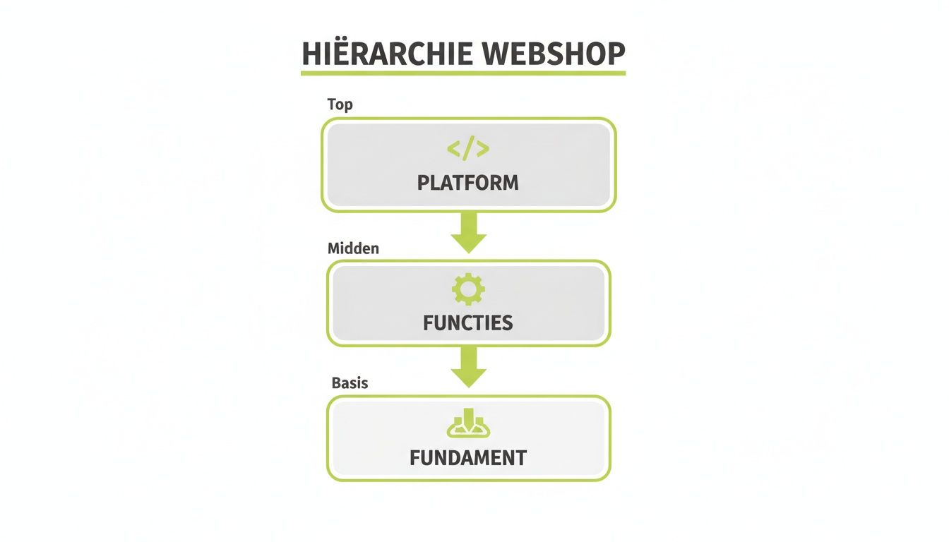 Een diagram dat de hiërarchie van een webshop weergeeft: Platform (boven), Functies (midden) en Fundament (basis).