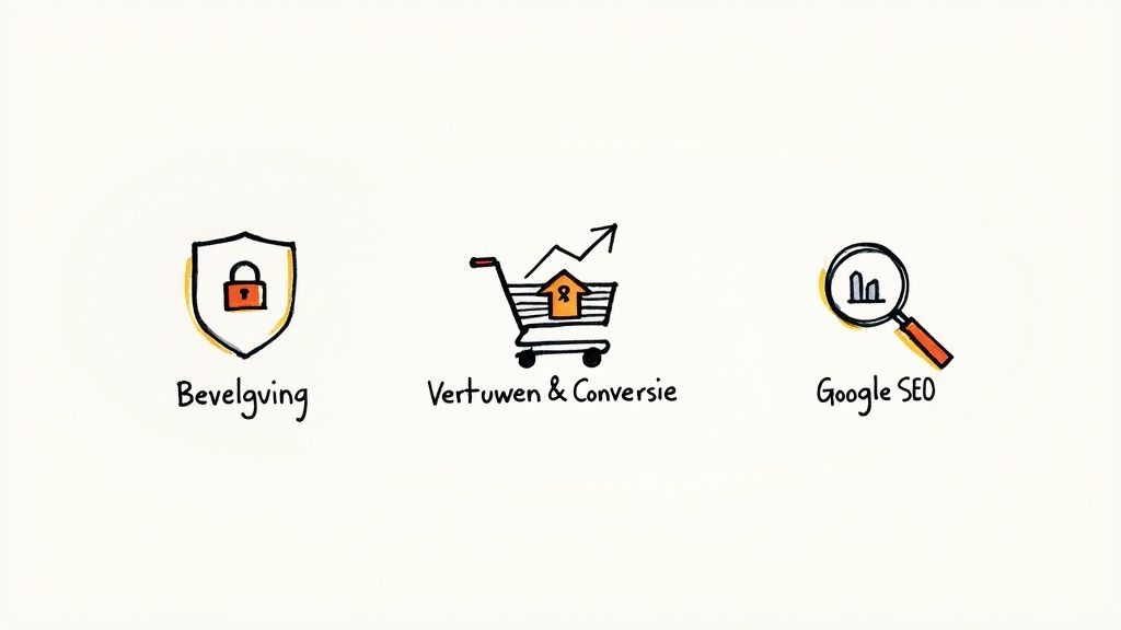 Drie iconen die online succes bevorderen: beveiliging, vertrouwen en conversie, en Google SEO.