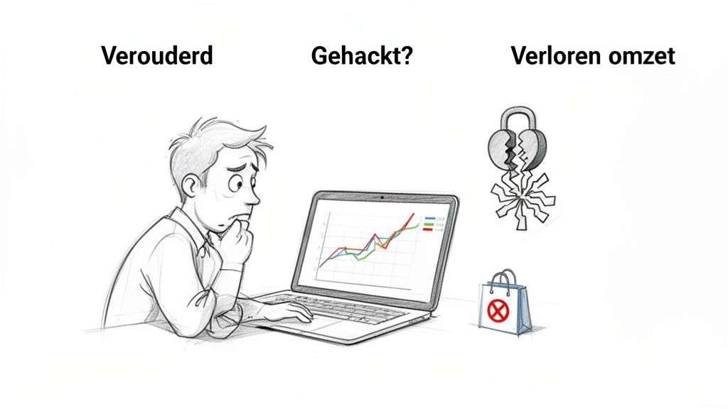 Een bezorgde man kijkt naar een laptop met een grafiek, omringd door 'Verouderd', 'Gehackt?' en 'Verloren omzet'.