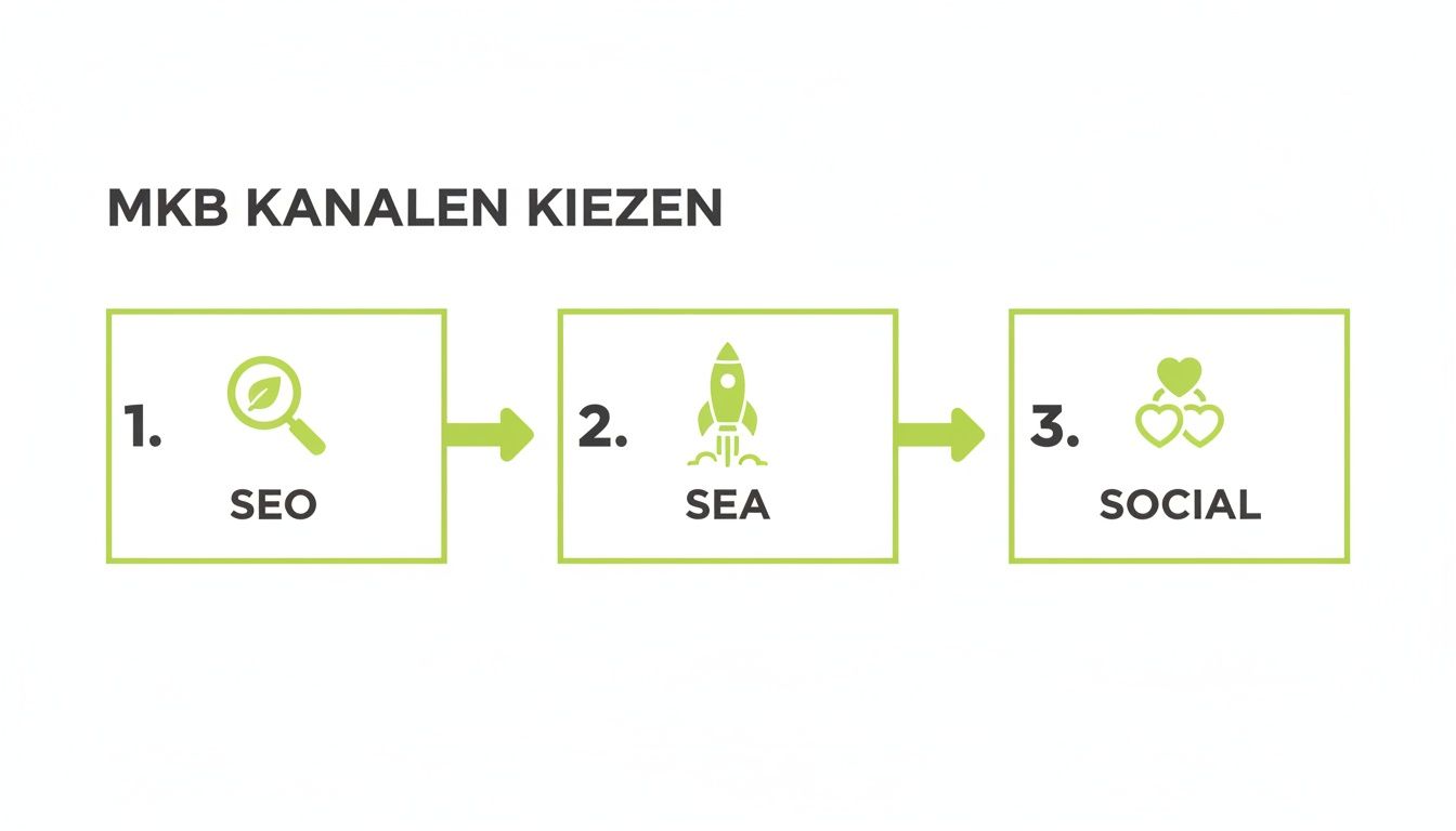 Drie stappen om MKB-kanalen te kiezen: 1. SEO, 2. SEA, 3. Social media marketing.