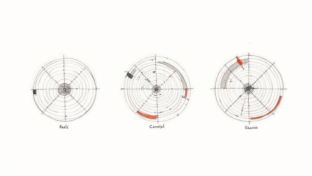 Drie handgetekende radiale grafieken visualiseren datapatronen voor Instagram Reels, Communal en Stories met gekleurde segmenten.