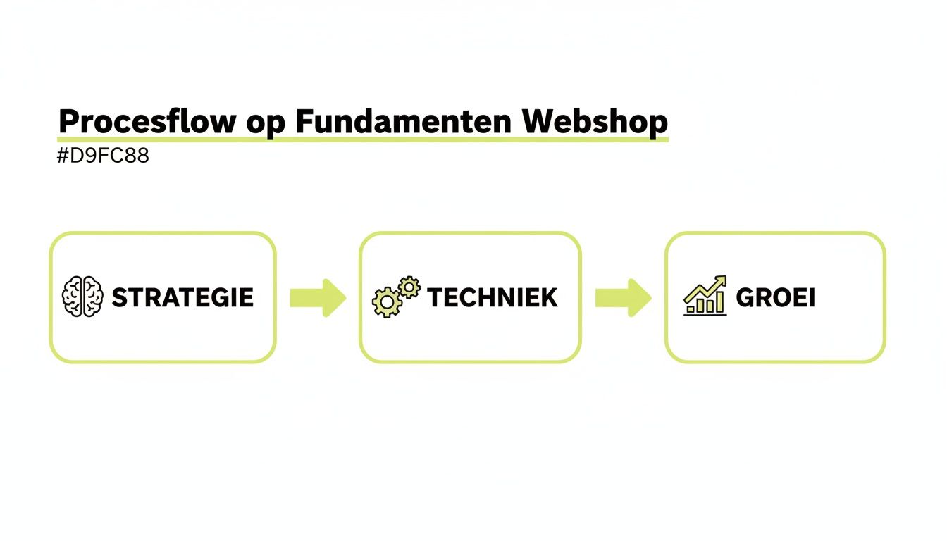 Een duidelijke procesflow die de stappen voor een fundamenten webshop toont: strategie, techniek en groei.