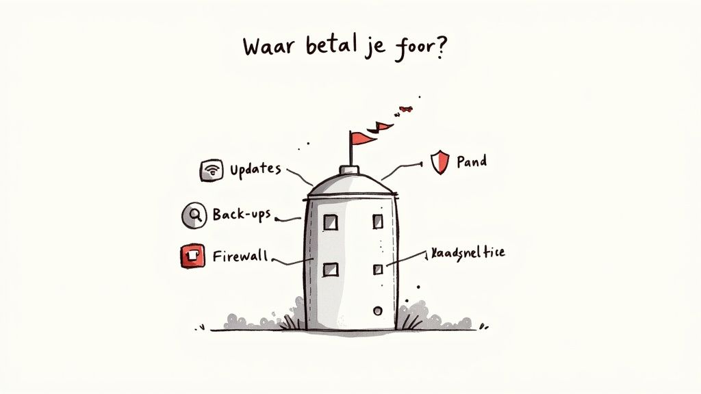 Illustratie van een toren met pijlen naar website onderhoudsdiensten: updates, back-ups, firewall en beveiliging.