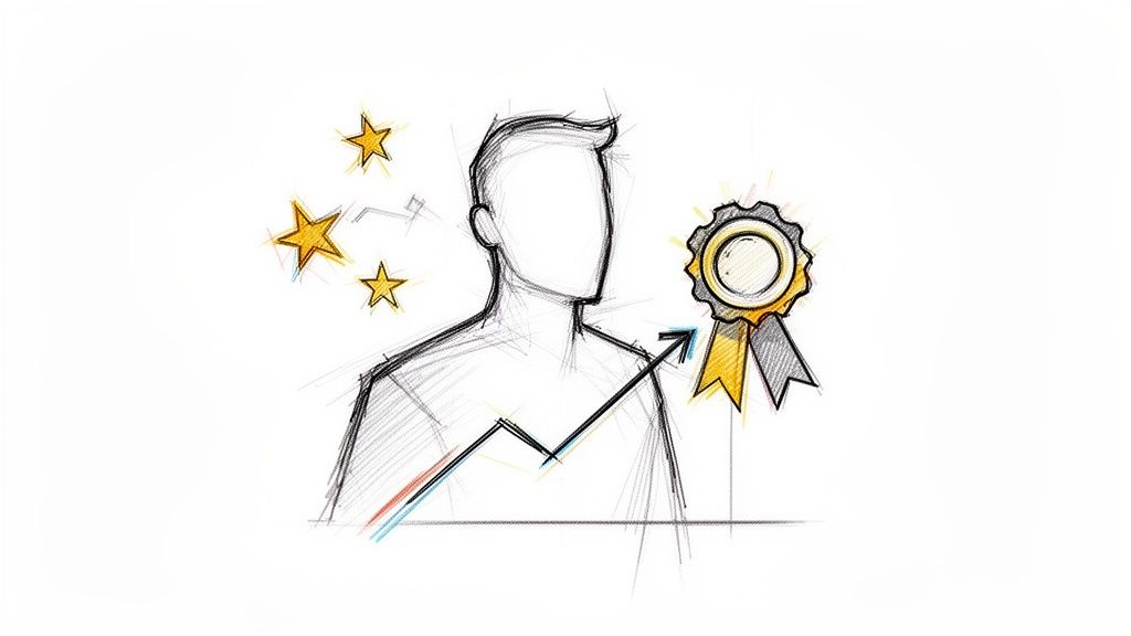 Schets van een persoon met sterren, een stijgende pijl en een medaille, symboliserend groei en succes.