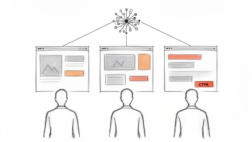 Drie gebruikers bekijken gepersonaliseerde webpagina's, beheerd door een centrale datahub, wat dynamische content of A/B-testen illustreert.