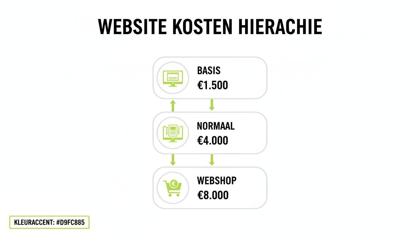 WordPress website laten maken kosten en slimme investeringen bij de Websitebouwers Hierarchie van website kosten met drie niveaus: Basis (€1.500), Normaal (€4.000) en Webshop (€8.000).