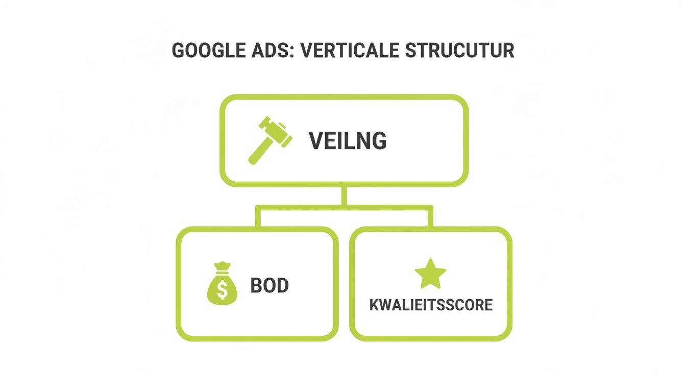 Diagram dat de verticale structuur van Google Ads toont, inclusief veiling, bod en kwaliteitsscore.