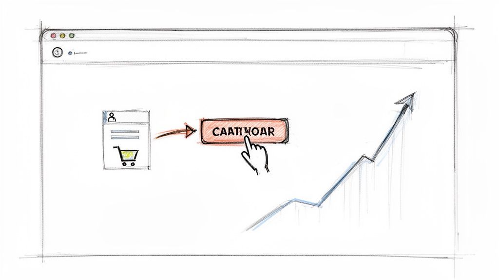 Gebruiker voegt item toe aan winkelwagen, wat leidt tot stijgende verkoopcijfers op een grafiek in een browservenster.