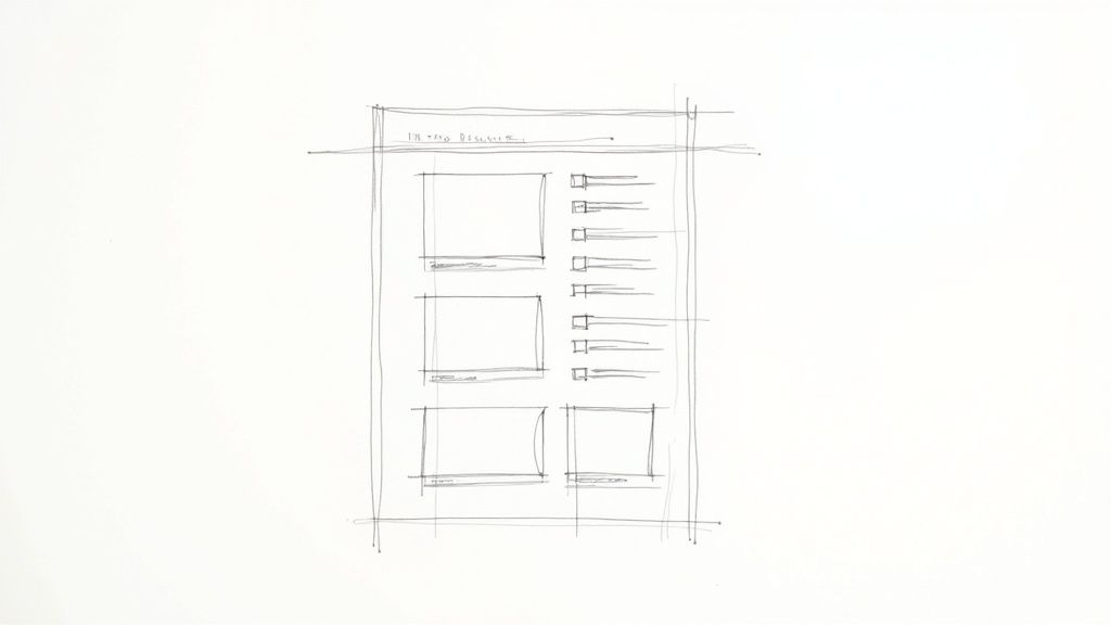 Een handgetekend schets van een webpagina lay-out met contentblokken en een zijbalk.