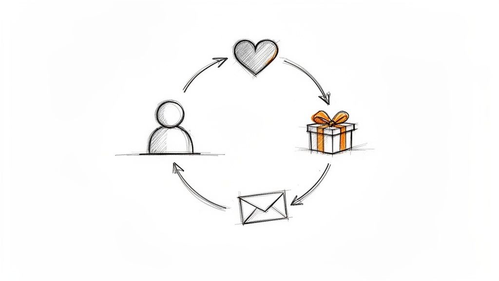 Illustratie van een klantbetrokkenheidscyclus met een persoon, hart, cadeau en envelop, verbonden door pijlen.