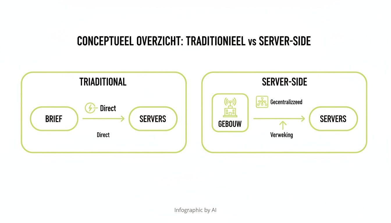 Conceptueel overzicht van traditionele versus server-side datastromen, inclusief gebouw- en serverinteracties.