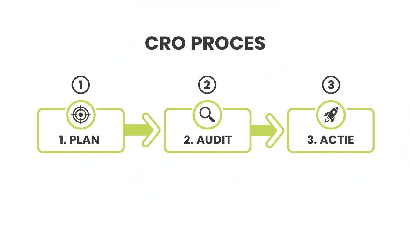 Een diagram dat het CRO proces toont met drie stappen: 1. Plan, 2. Audit en 3. Actie.