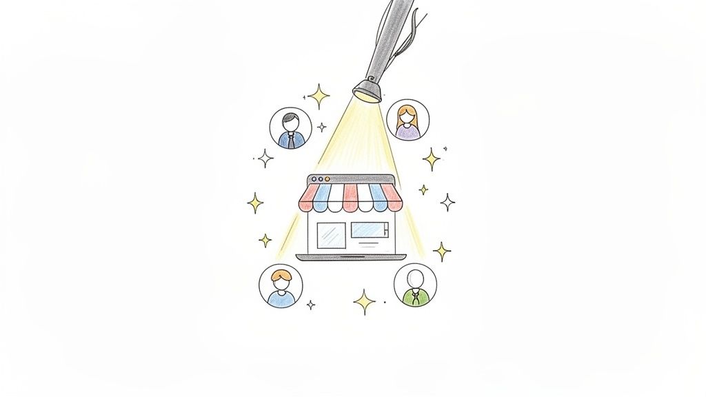 Een zaklamp schijnt op een laptop met een online winkel, omringd door gebruikers en sterren.