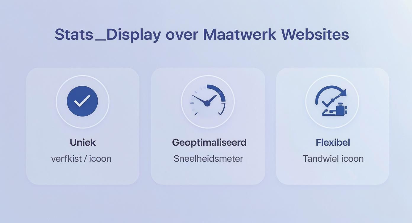 Drie pictogrammen met tekst die unieke, geoptimaliseerde en flexibele maatwerk websites beschrijven.