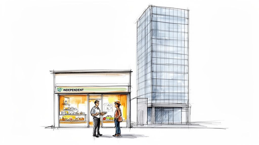 Een illustratie van een kleine winkel naast een modern glazen kantoorgebouw, met twee mensen die buiten staan te praten.