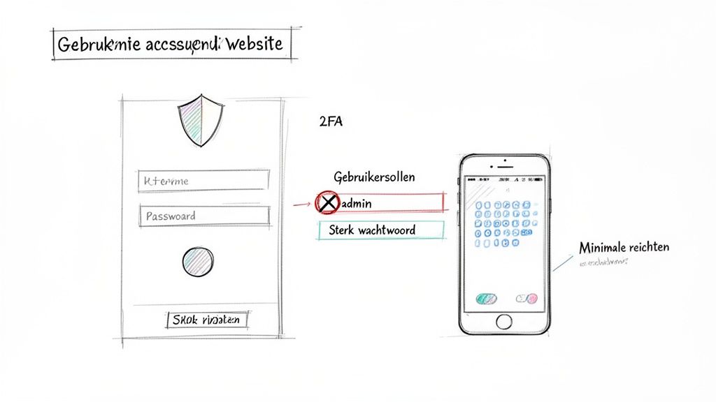Diagram over WordPress websitebeveiliging met login, 2FA, sterke wachtwoorden en gebruikersrollen.