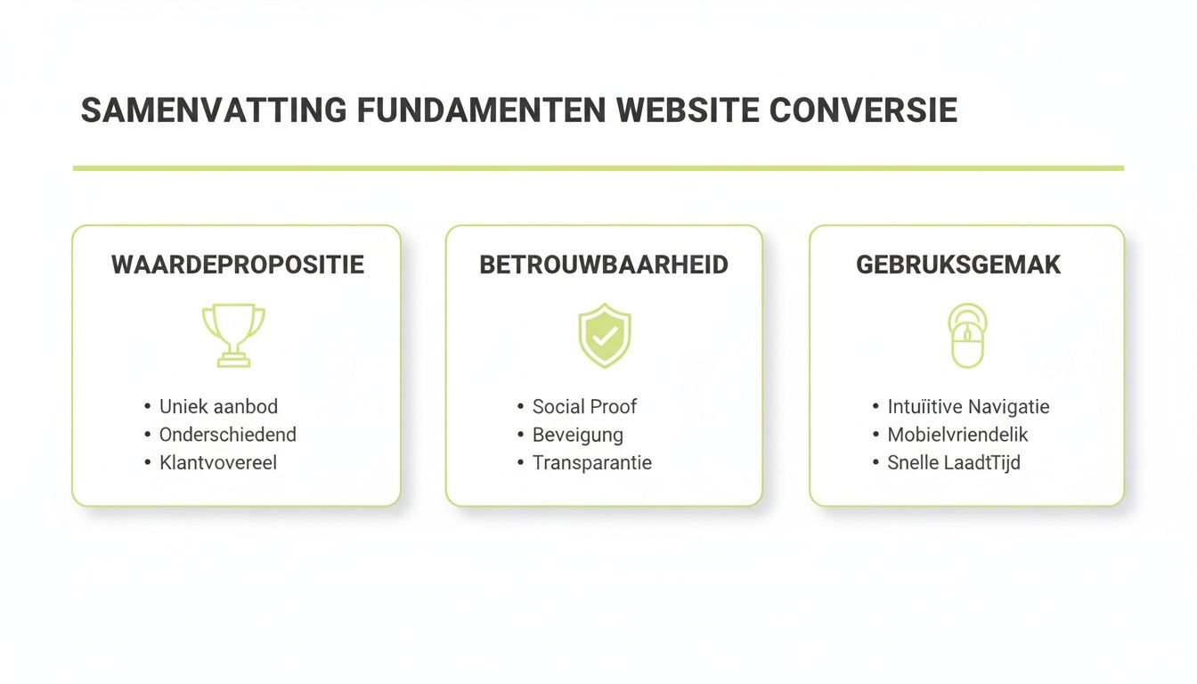 Overzicht van de fundamenten voor website conversie met waarde, betrouwbaarheid en gebruiksgemak als pijlers.