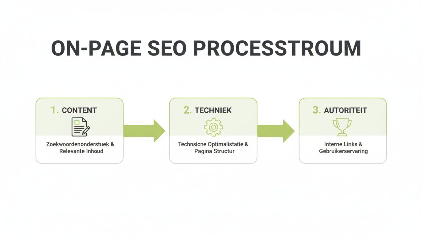Overzicht van het on-page SEO processtroom in drie stappen: inhoud, techniek en autoriteit.