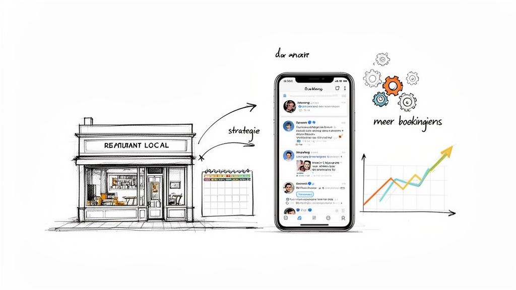 Illustratie van een restaurant dat via sociale media en strategie meer boekingen realiseert met groeiende resultaten.