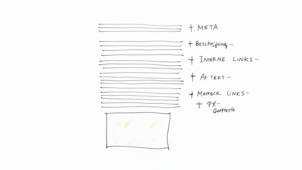 Een schematisch diagram van website-elementen met labels: Meta, Beschrijving, Interne Links, Aitekt, Monock links en Pr-Goerette.