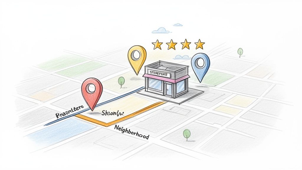 Een illustratie van een kaart met een winkel, routepinnen en vijfsterrenrecensies, gericht op lokale vindbaarheid.