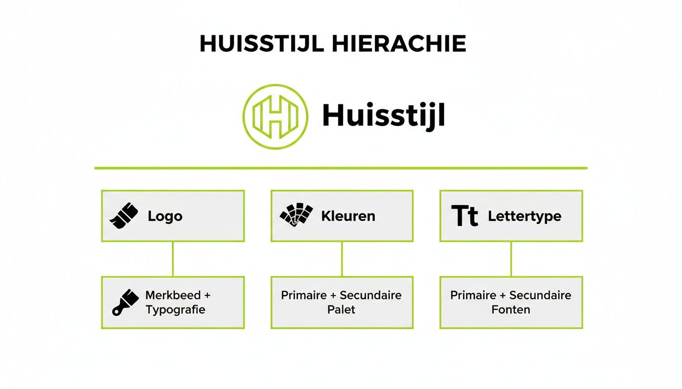 Een hiërarchische weergave van huisstijl elementen, waaronder logo, kleuren en lettertype, met hun onderliggende componenten.