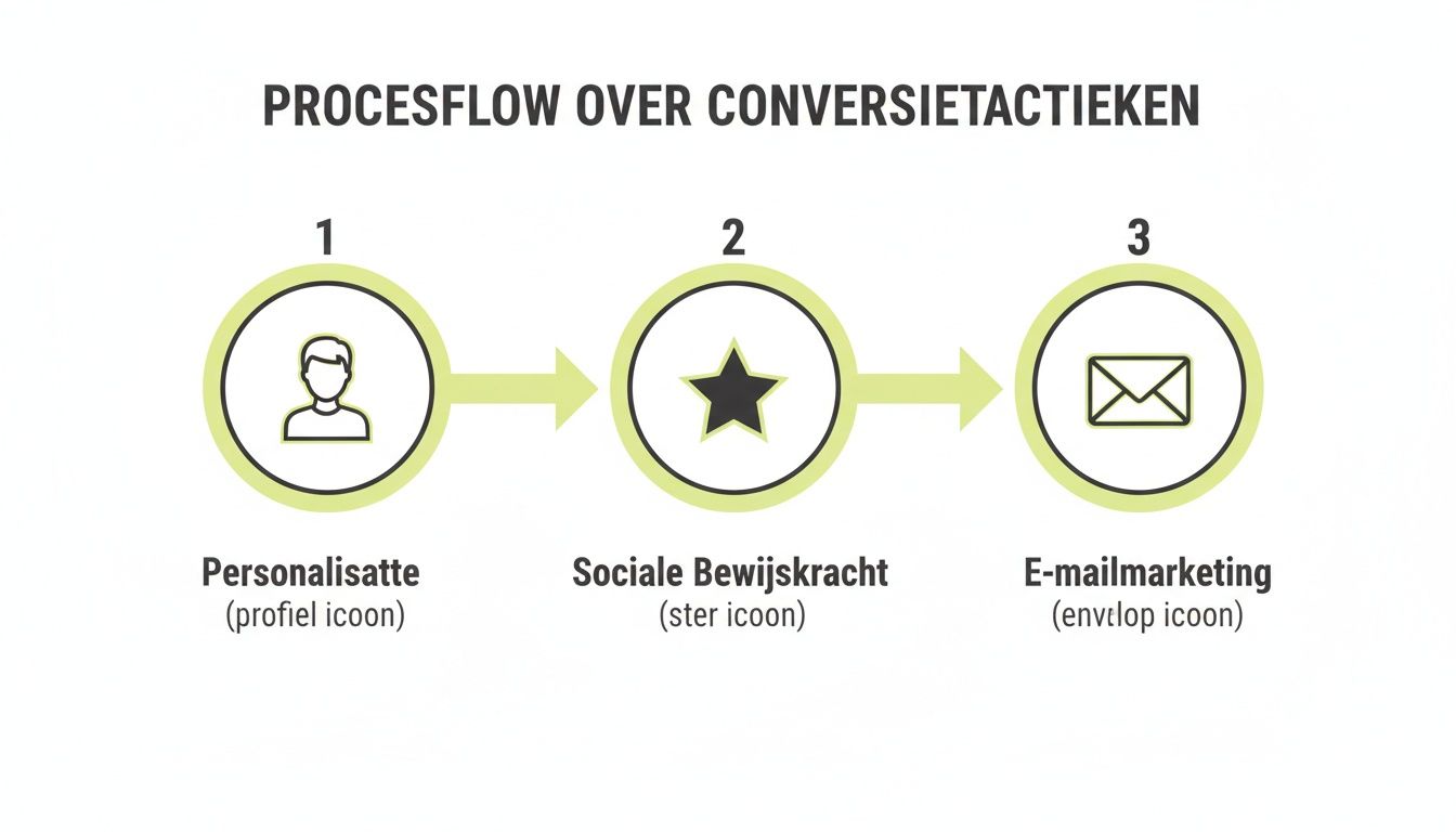Procesflow met drie stappen voor conversie: personalisatie, sociale bewijskracht en e-mailmarketing.