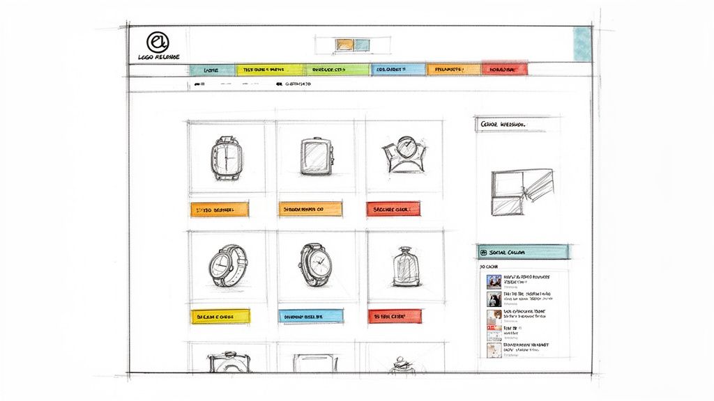 Schets van een webpagina-ontwerp met diverse productcategorieën, een logo en sociale media-feed.
