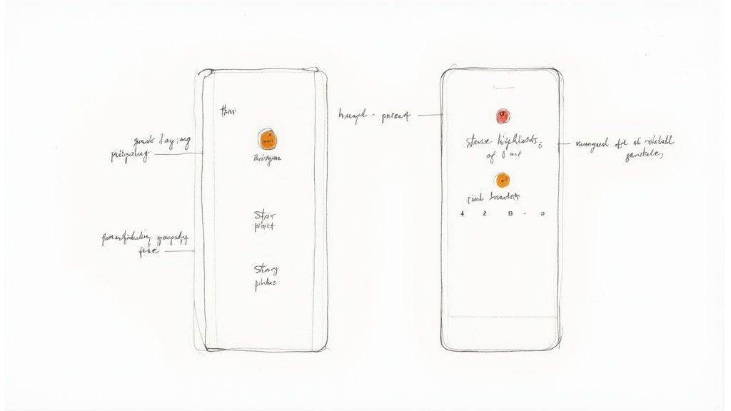 Twee handgetekende smartphone wireframes met aantekeningen over interface-elementen en functies.