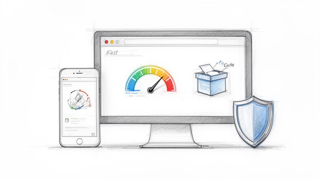 Schets van monitor met snelheidsmeter en cache, smartphone en schild, symboliseert website prestaties en beveiliging.