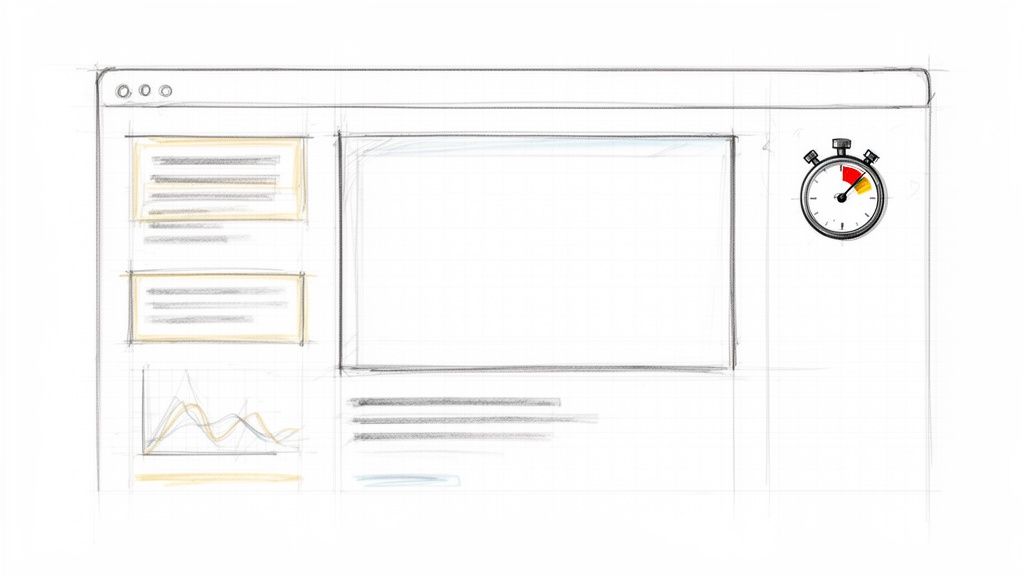 Handgetekende schets van een browserinterface met content placeholders, inclusief tekst, een video en grafiek. Rechtsboven staat een stopwatch.