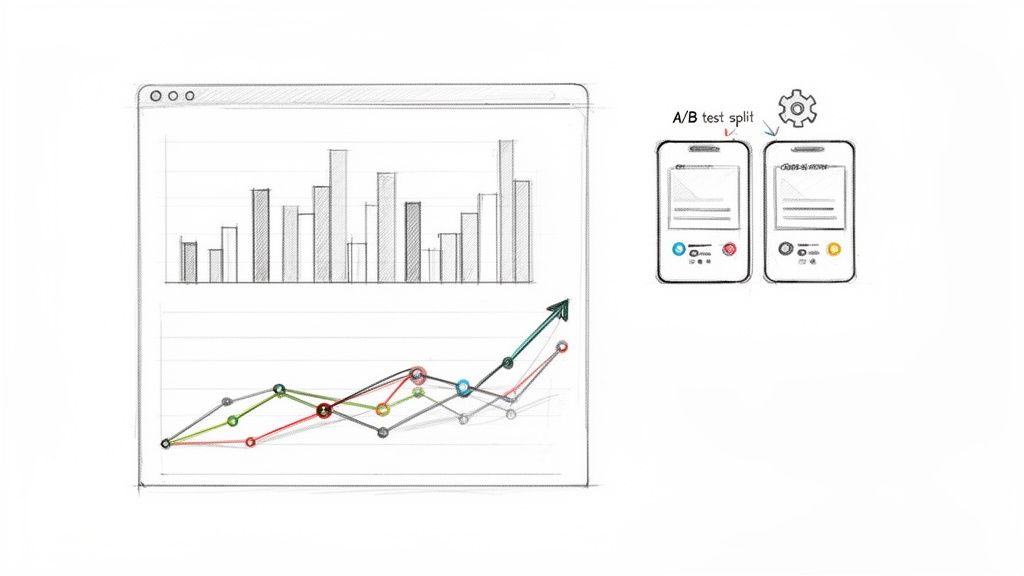 Een illustratie van digitale marketing analytics met grafieken in een browser en A/B-tests op mobiele telefoons.