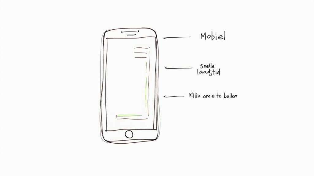 Een handgetekende smartphone met labels 'Mobiel', 'Snelle laadtijd' en 'Klik om te bellen' voor mobiele SEO.