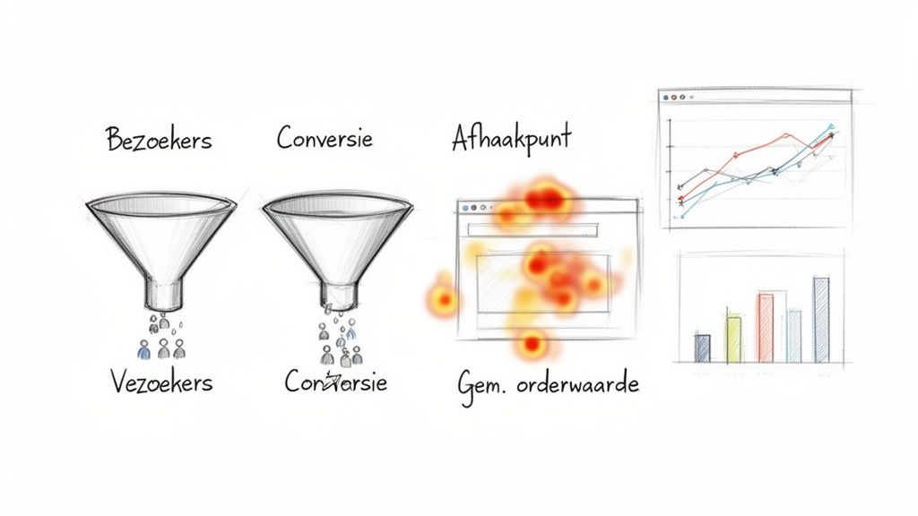 Schematische weergave van webshop conversie, inclusief bezoekersstromen, afhaakpunten en statistieken.