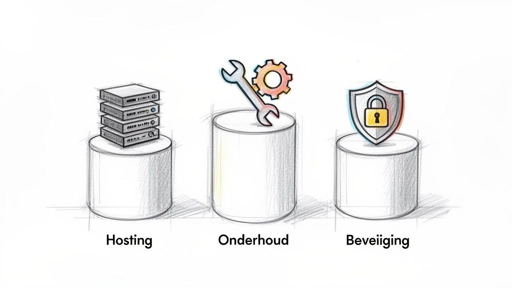 WordPress website laten maken kosten en slimme investeringen bij de Websitebouwers Illustratie van hosting, onderhoud en beveiliging voor websites, met bijbehorende symbolen.