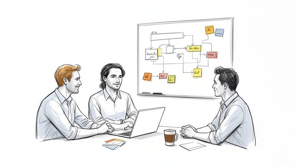 Drie mannen in een vergadering, met laptop en whiteboard met een stroomschema en post-its.