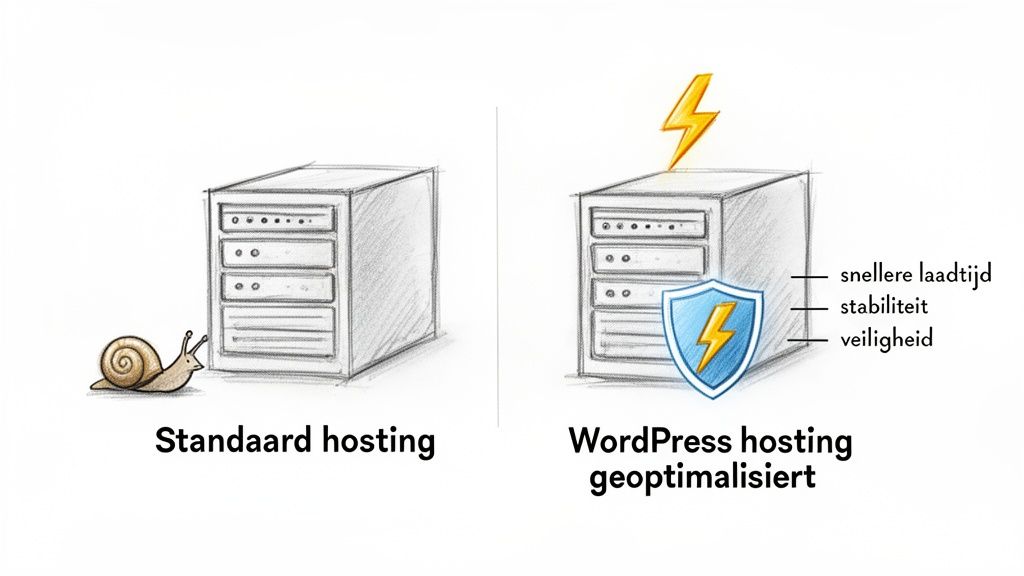 Illustratie vergelijkt langzame standaard hosting (met slak) met snelle, veilige en stabiele WordPress hosting (met bliksemschicht en schild).