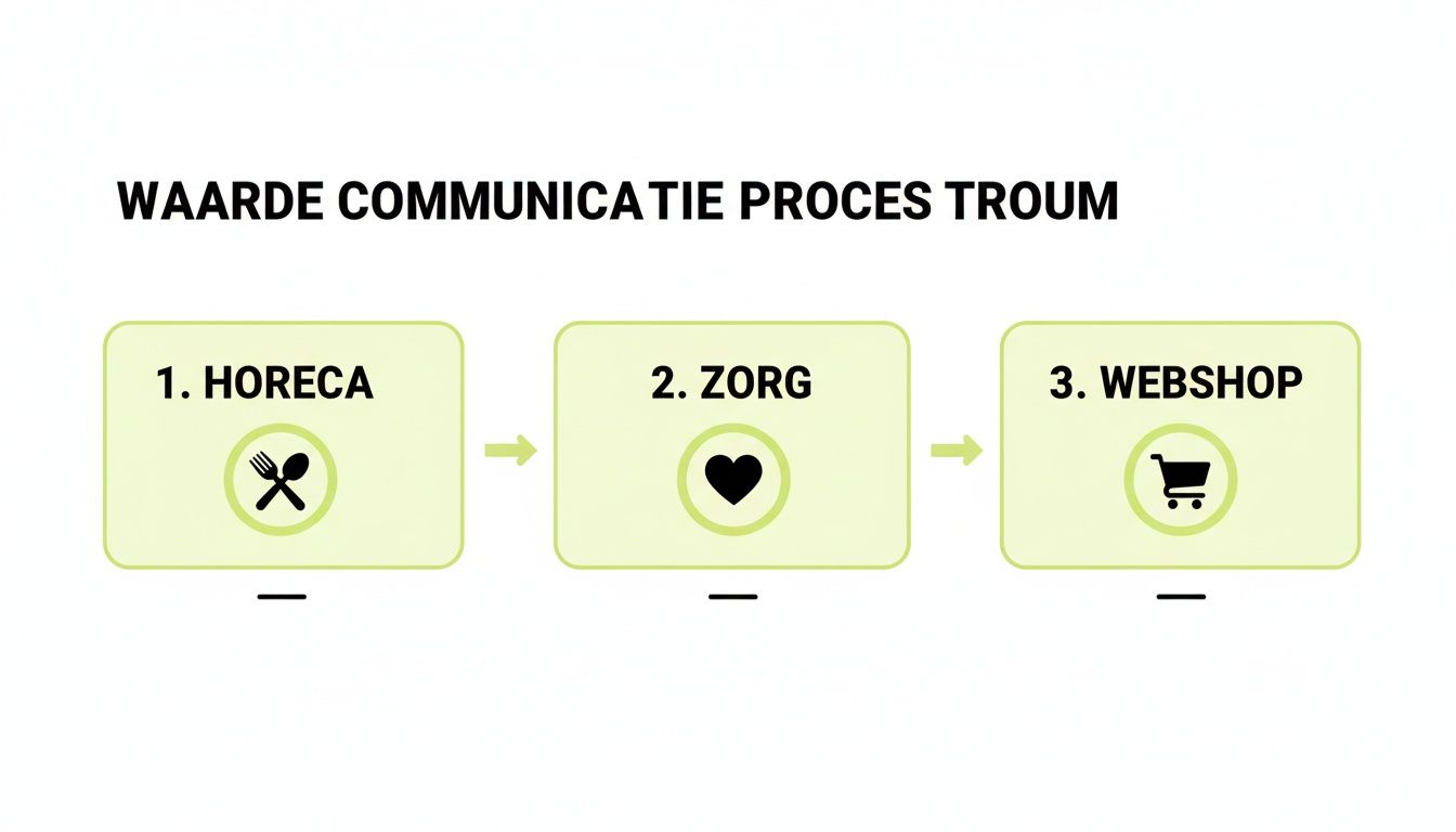Stroomdiagram dat de waardeketen van Troum voor horeca, zorg en webshop communiceert met bijbehorende iconen.