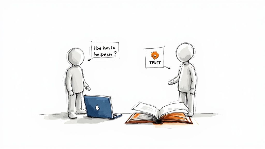 Twee stripfiguren overleggen met een laptop en een open boek, met spraakbellen over hulp en vertrouwen.