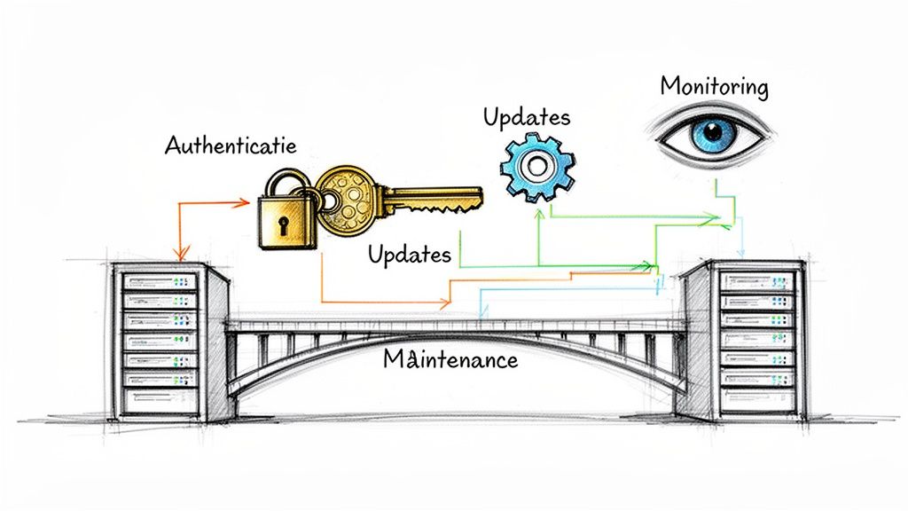 Wat is een API koppeling en hoe automatiseer je bedrijfsprocessen? bij de Websitebouwers Een schematische tekening van twee servers verbonden door een brug, met concepten als authenticatie, updates en monitoring.