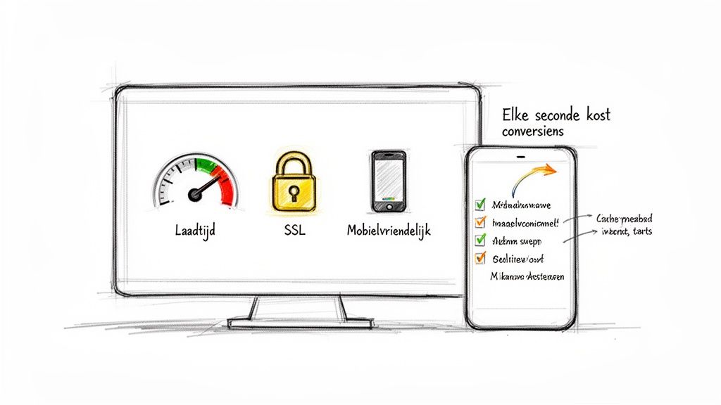 Illustratie van website optimalisatie voor snelheid, SSL en mobielvriendelijkheid om conversies te verbeteren.