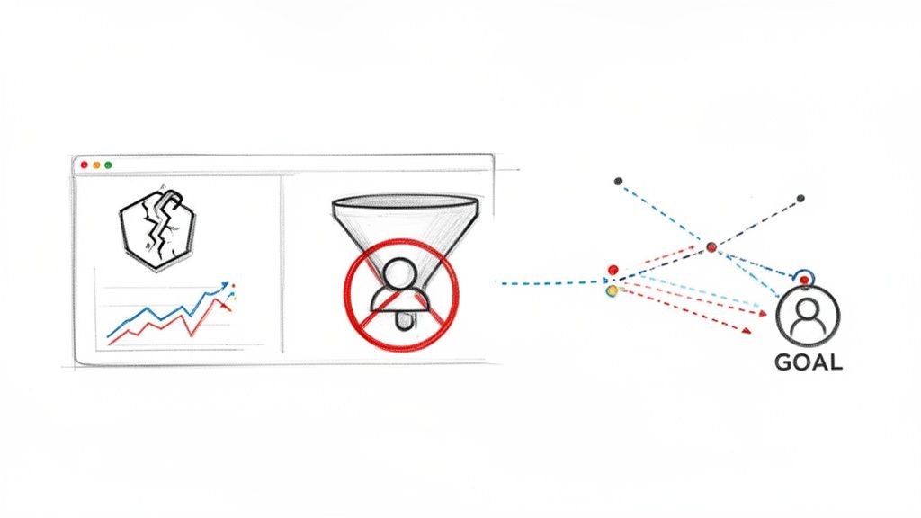 Een diagram met gebroken symbolen, een verboden conversietrechter en datapunten die leiden naar een gebruikersdoel.