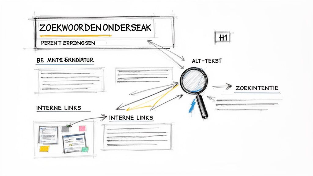 Een schematisch diagram over zoekwoorden onderzoek, met pijlen die H1, alt-tekst, zoekintentie en interne links verbinden met een vergrootglas.