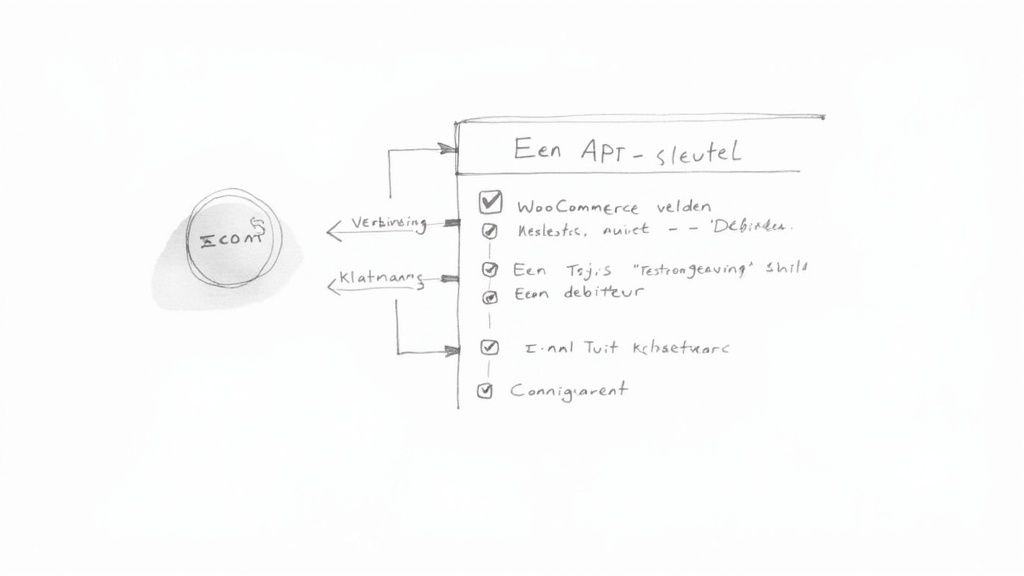 Exact Online WooCommerce: een slimme koppeling voor je boekhouding bij de Websitebouwers Handgetekend diagram van een APT-sleutel voor e-commerce, met gekoppelde WooCommerce velden en verbindingen.