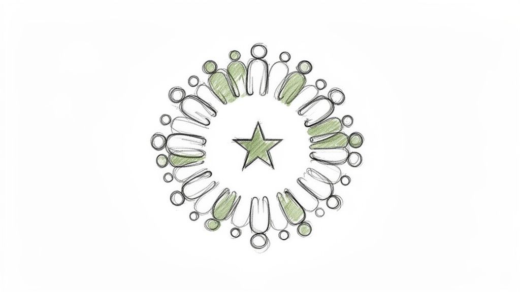 Groene ster omringd door een cirkel van gestileerde mensenfiguren, sommige groen gekleurd.