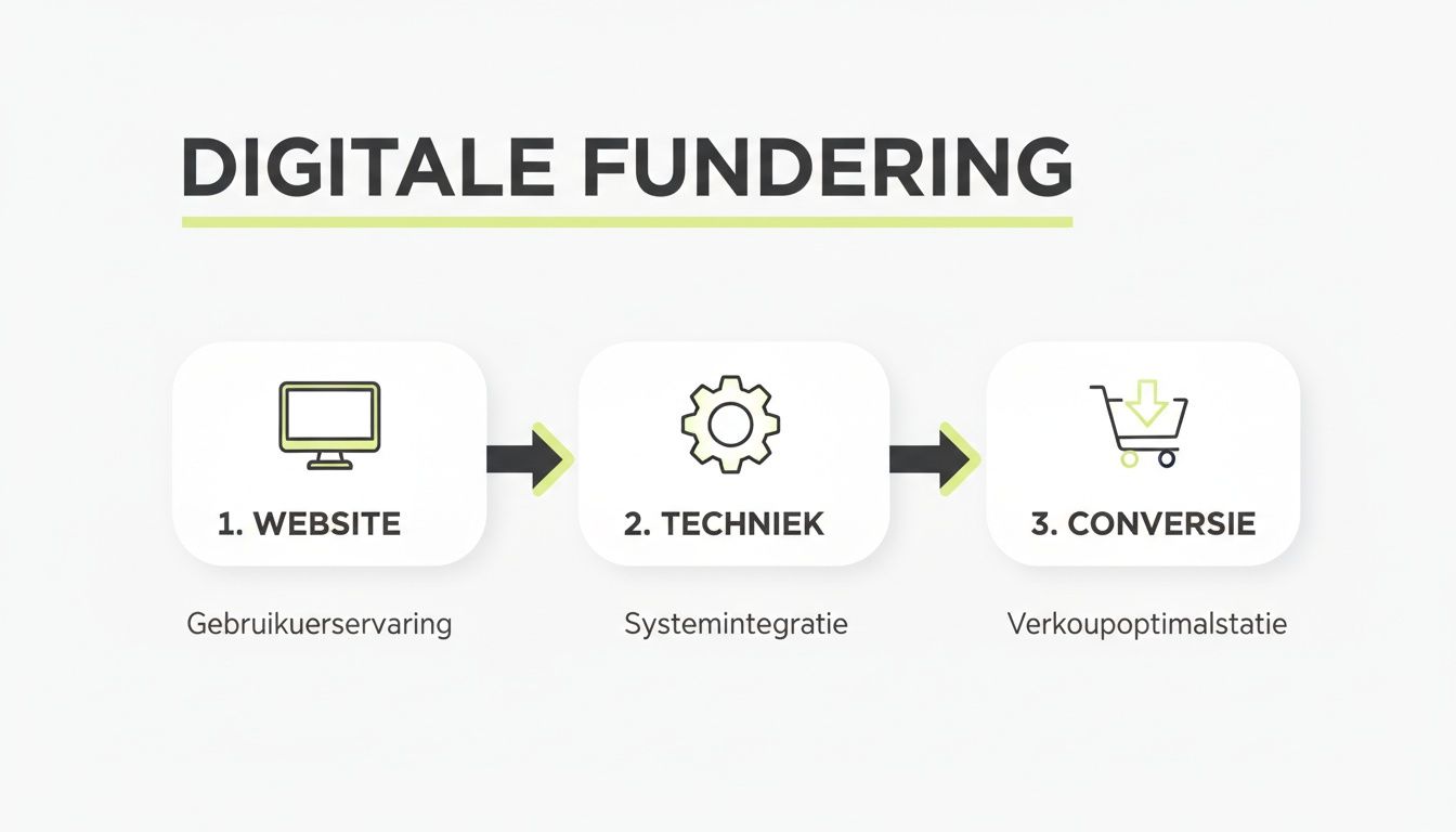 Een schema met drie stappen voor digitale fundering: website, techniek en conversie, met icons en subtitels.