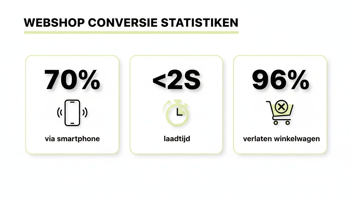 Statistieken over webshop conversie tonen 70% via smartphone, <2s laadtijd en 96% verlaten winkelwagens.