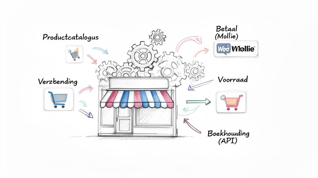 WordPress website laten maken kosten en slimme investeringen bij de Websitebouwers Illustratie van een winkel met integraties voor productcatalogus, verzending, betaling (Mollie), voorraadbeheer en boekhouding via API.