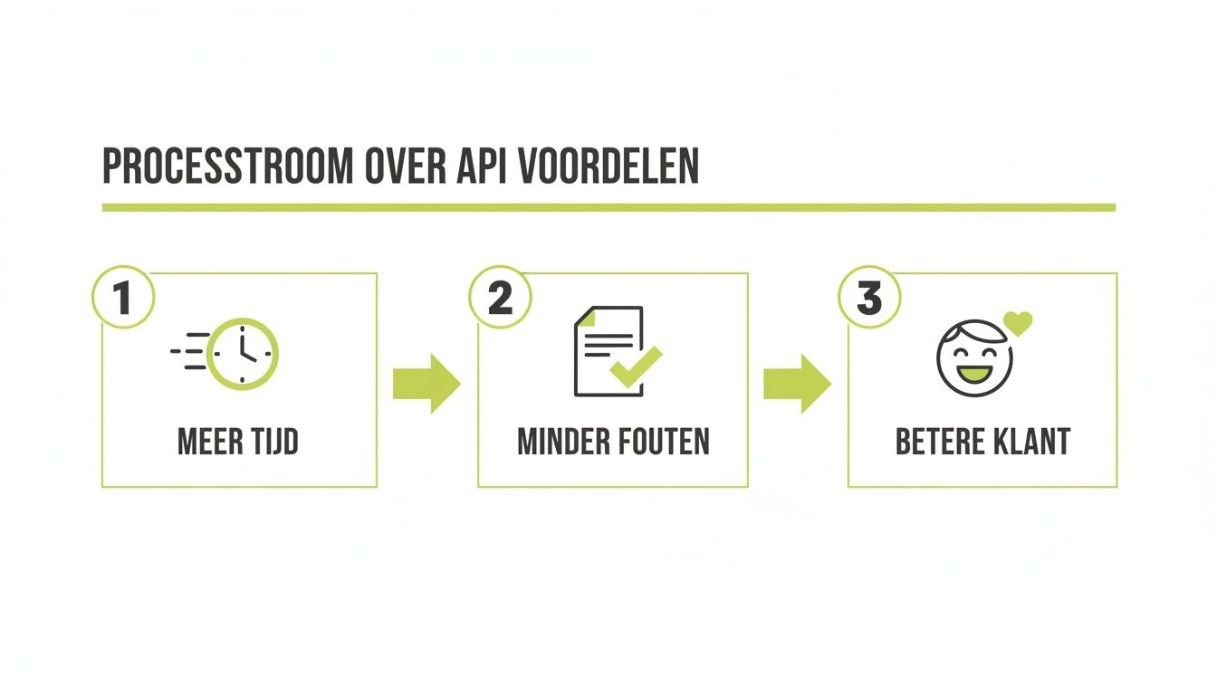 Wat is een API koppeling en hoe automatiseer je bedrijfsprocessen? bij de Websitebouwers Een processtroomdiagram toont de voordelen van API's: meer tijd, minder fouten en een betere klanttevredenheid.